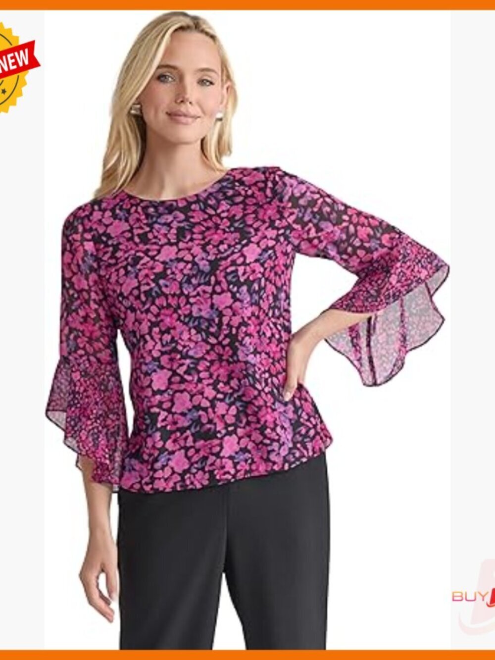 Petite Ruffle Sleeve Blouse, Floral Print, Lightweight Polyester, Office to